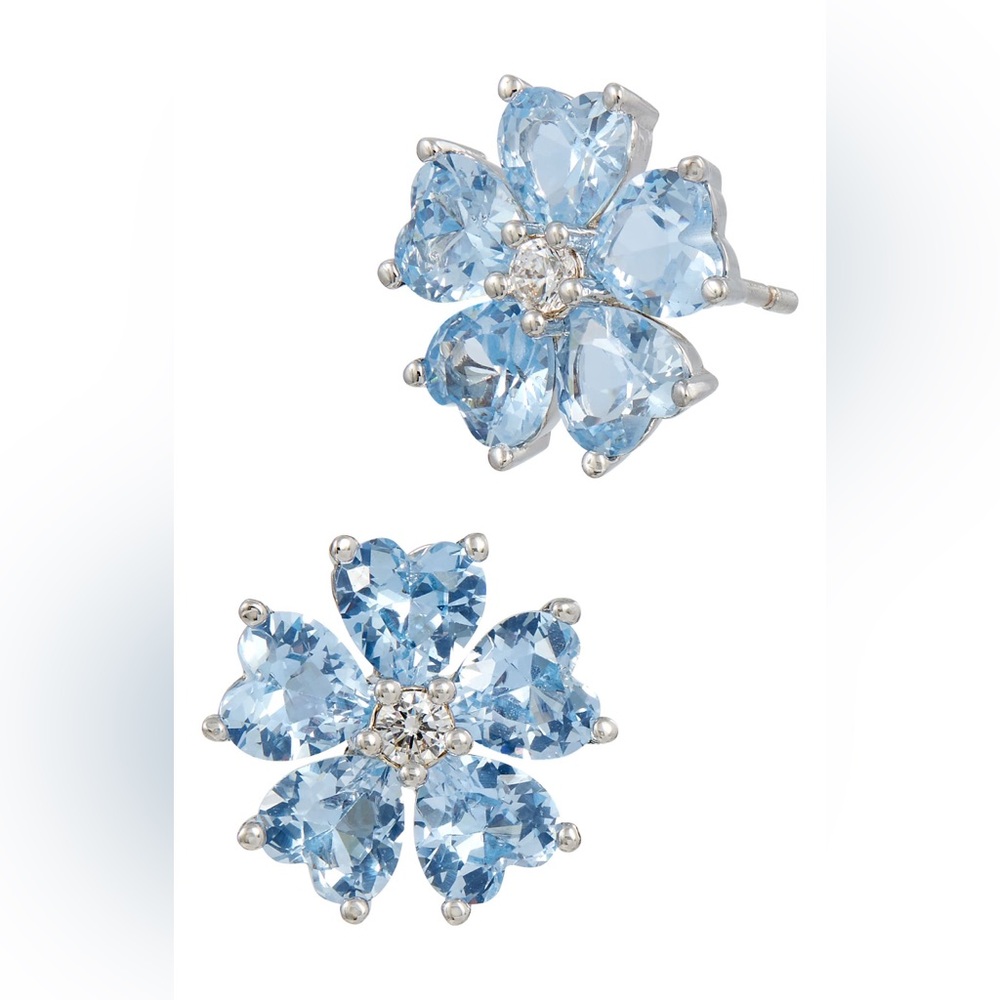 NWT Savvy Cie Blue CZ Flower Stud Earrings Rhodium Plated